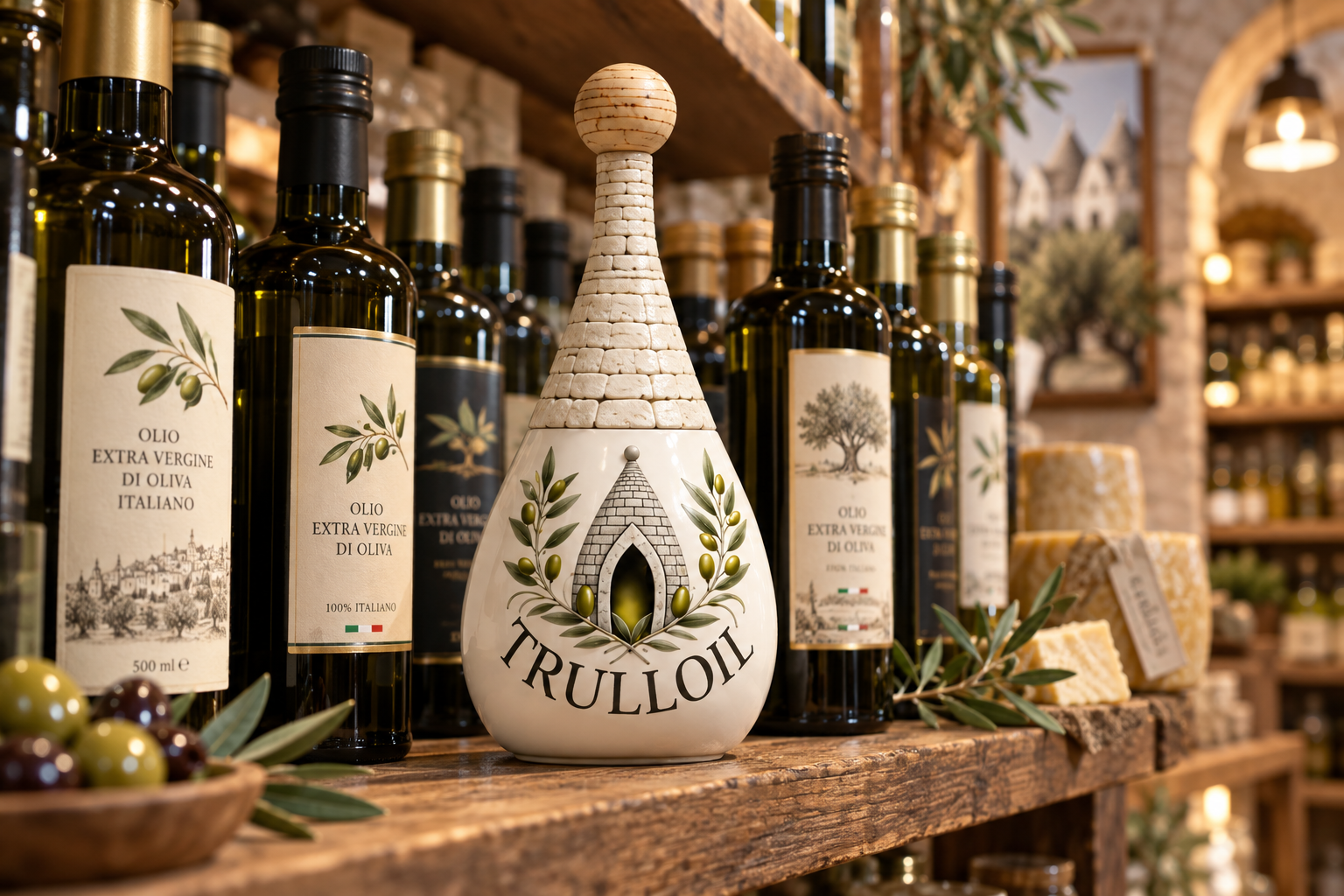 Concept: TRULLOIL standing out among olive oil bottles on a shop shelf