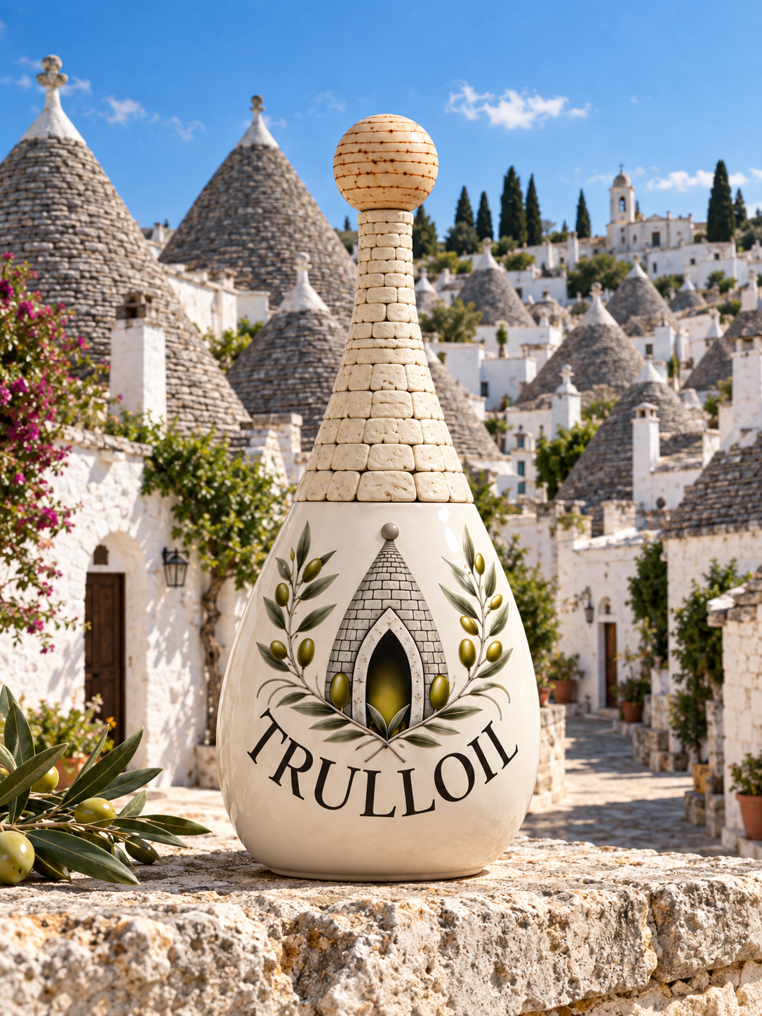 Concept: TRULLOIL bottle in the foreground with a village of realistic Puglian trulli behind it