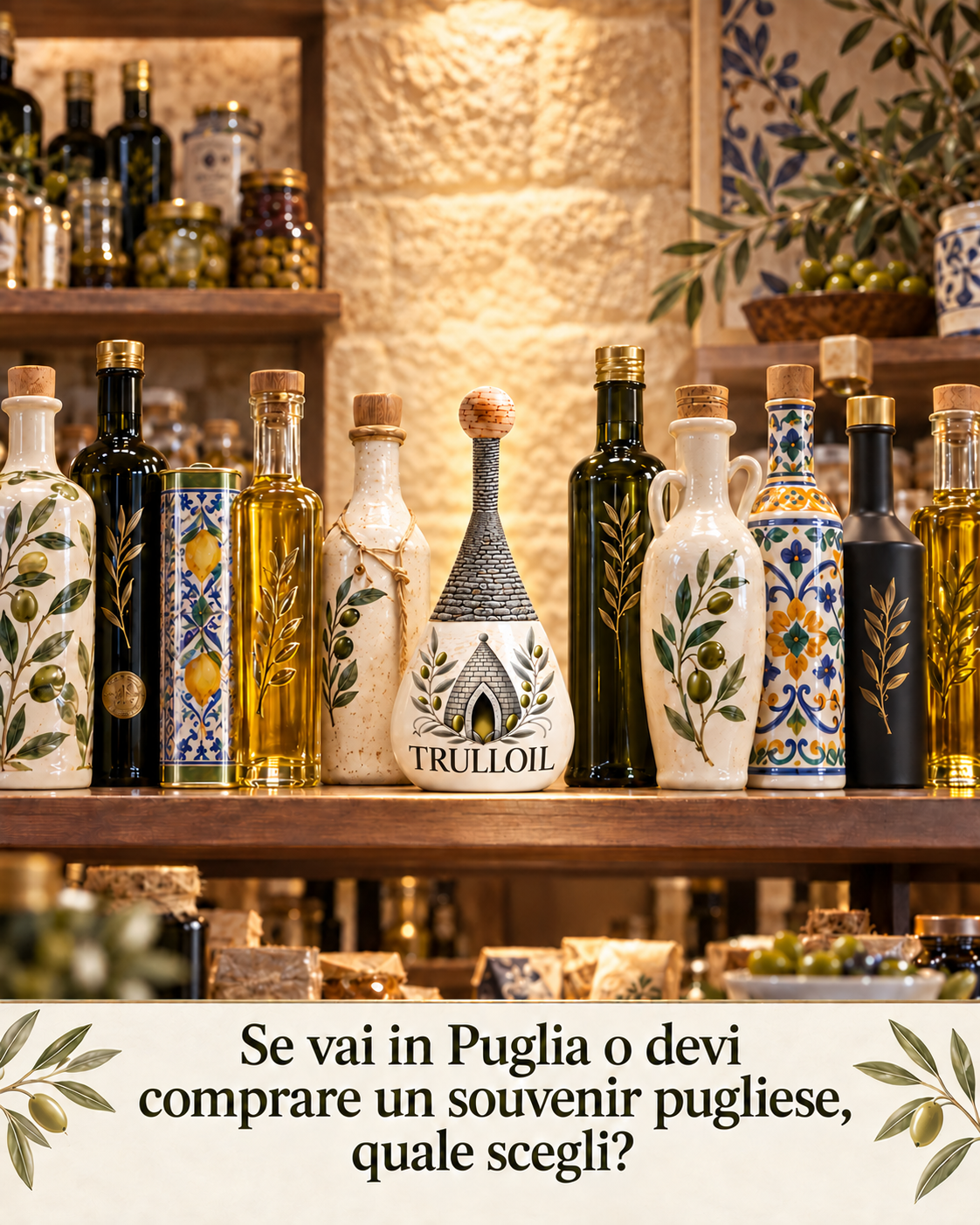 TRULLOIL’s trullo-shaped bottle among olive oil bottles in a Puglian shop